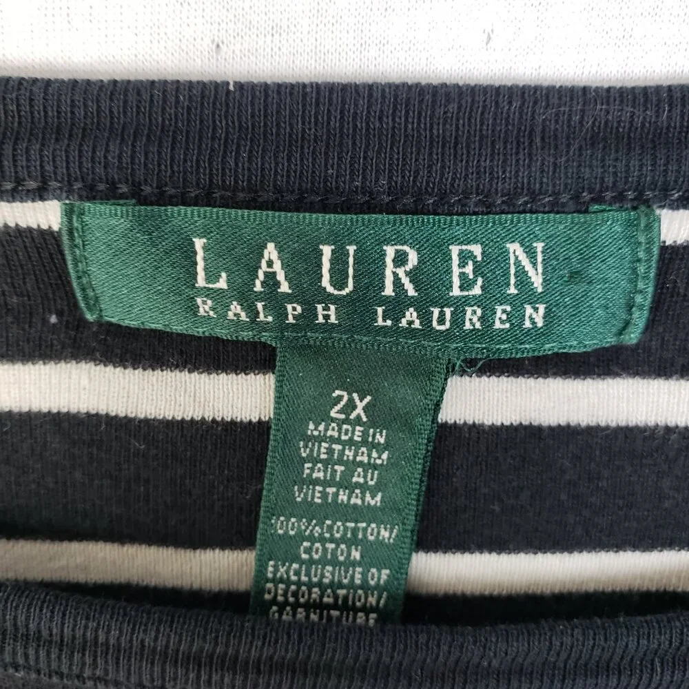 Vintage Ralph Lauren Top Pullover Nautical Black White Breton Stripe Crest sz 2X